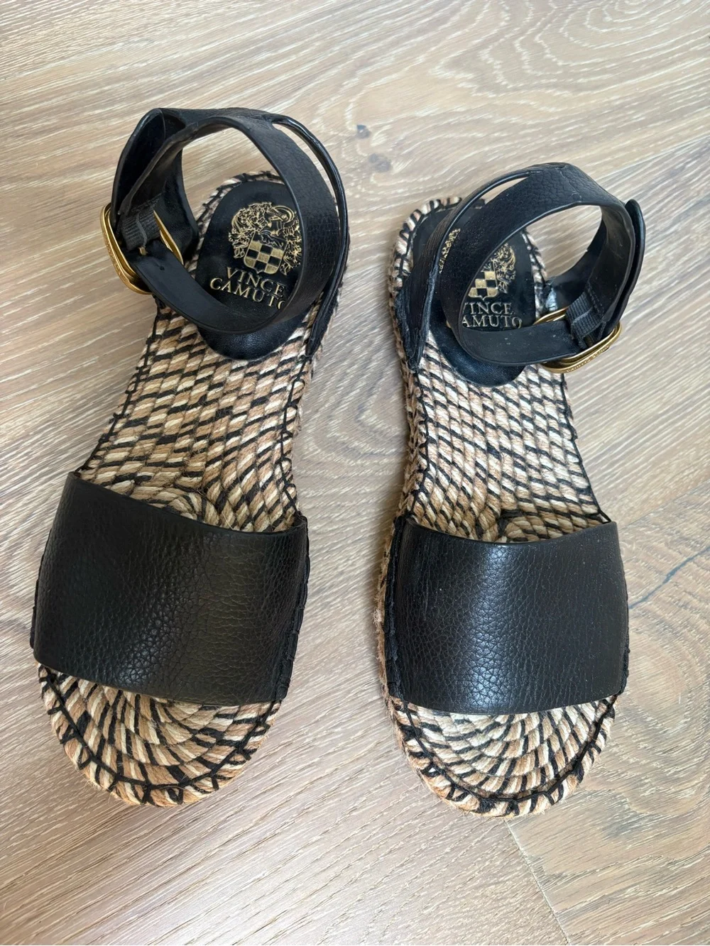 Black Leather Espadrille Platform Sandals Size 8 Vince Camuto - Picture 2 of 11
